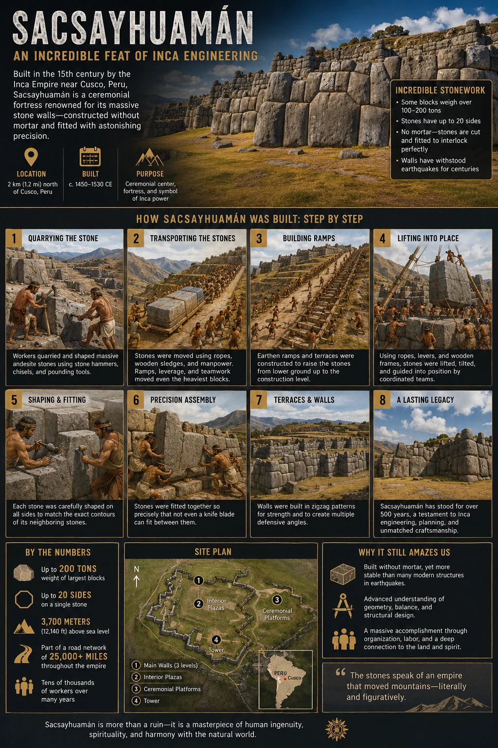 Sacsayhuamán infographic showing Inca stonework and an illustrated construction sequence